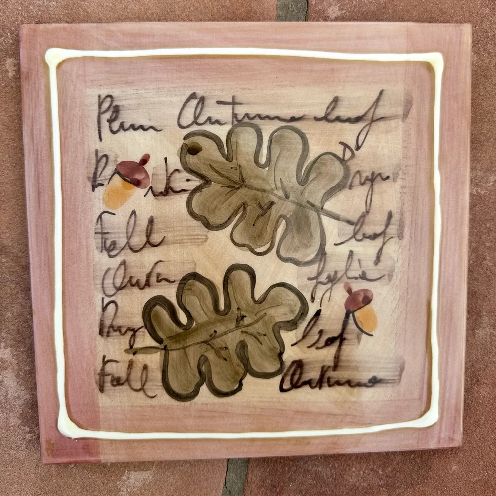 Crate & Barrel Set (2) Tile Trivets Hand Painted Made in Italy EUC Leaves Plum